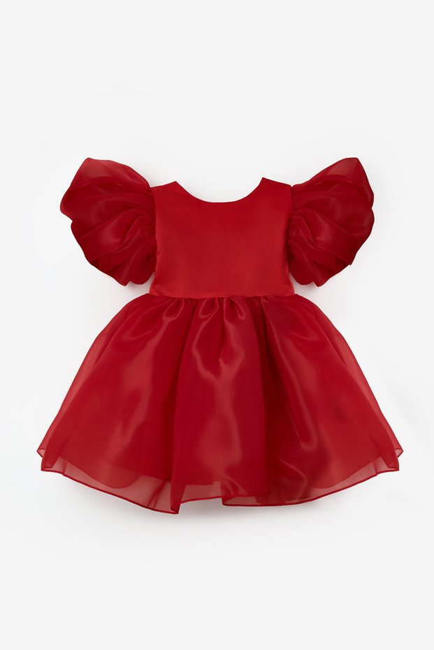 Red Balloon Sleeve Baby Girl Satin Dress - Dona