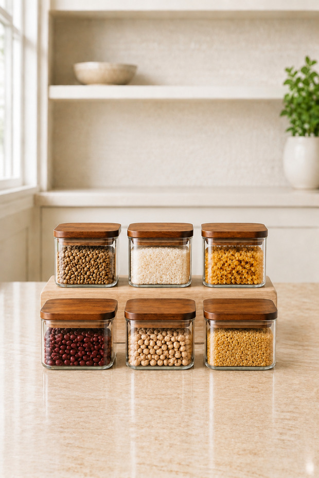 6-Piece Acacia Lid 400 ml Vacuum Square Borosilicate Glass Food Storage Container - 8464-2