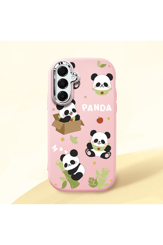 Samsung Galaxy A16 Compatible Case Camera Protector Pink Silicone Couple Phone Case Panda Pattern