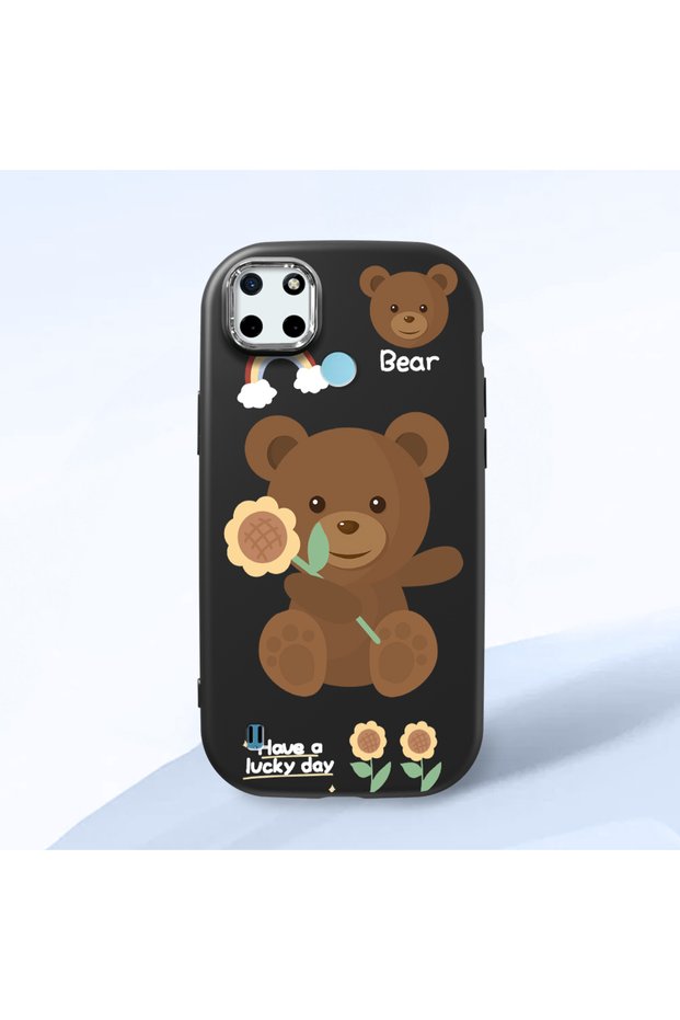 Realme C25Y Compatible Case Camera Protector Black Silicone Couple Phone Case with Bear Pattern