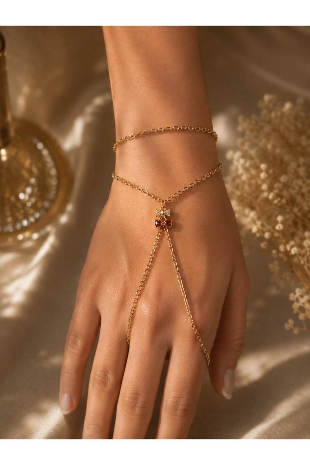 Gold Color Red Heart Stone Cherry Figured Steel Women's Shahmaran Bracelet