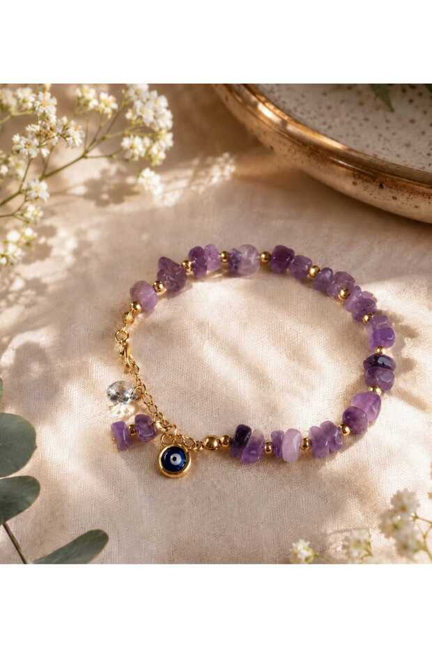 Amethyst Natural Stone Bracelet with Evil Eye Bead Detail, Handmade Women's Bracelet