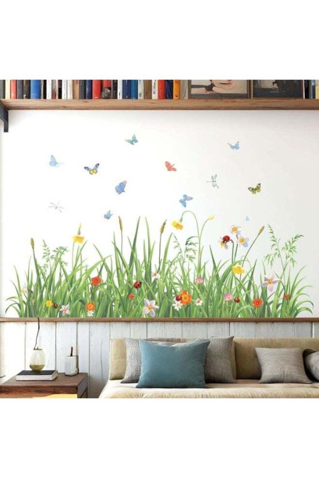 Grass Flowers Butterfly Wall Decal Sticker, 127 × 43 cm | Spring Garden Vinyl Wall Sticker with Ladybird & Dragonfly, Removable Baseboard Border for Living Room, Bedroom & Home Décor