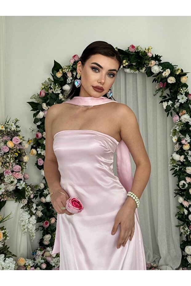 Women's Pink Strapless Shawl Detailed Satin Midi Dress with Open Back