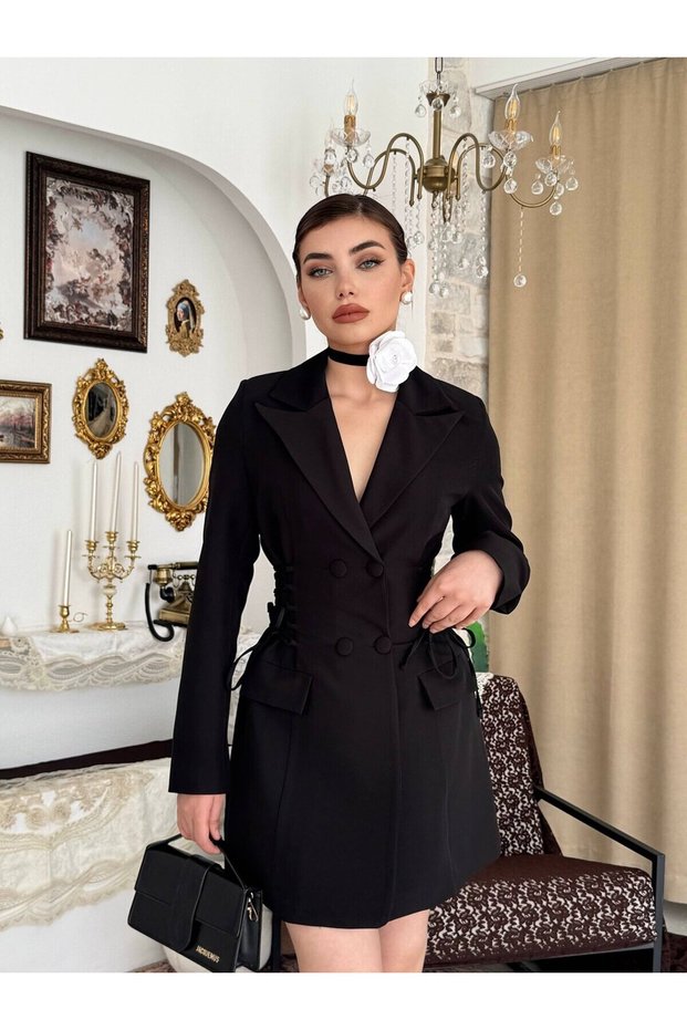 Women's Black Double Breasted Jacket Dress Lace-Up Waist Gathered Long Sleeve Mini