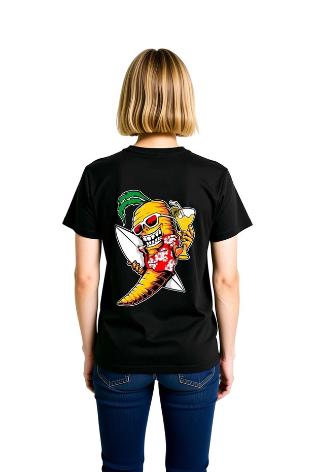 Women's Surf Themed Carrot Printed T-Shirt with Sunglasses Detail Cartoon Pattern Relaxed Fit Casual