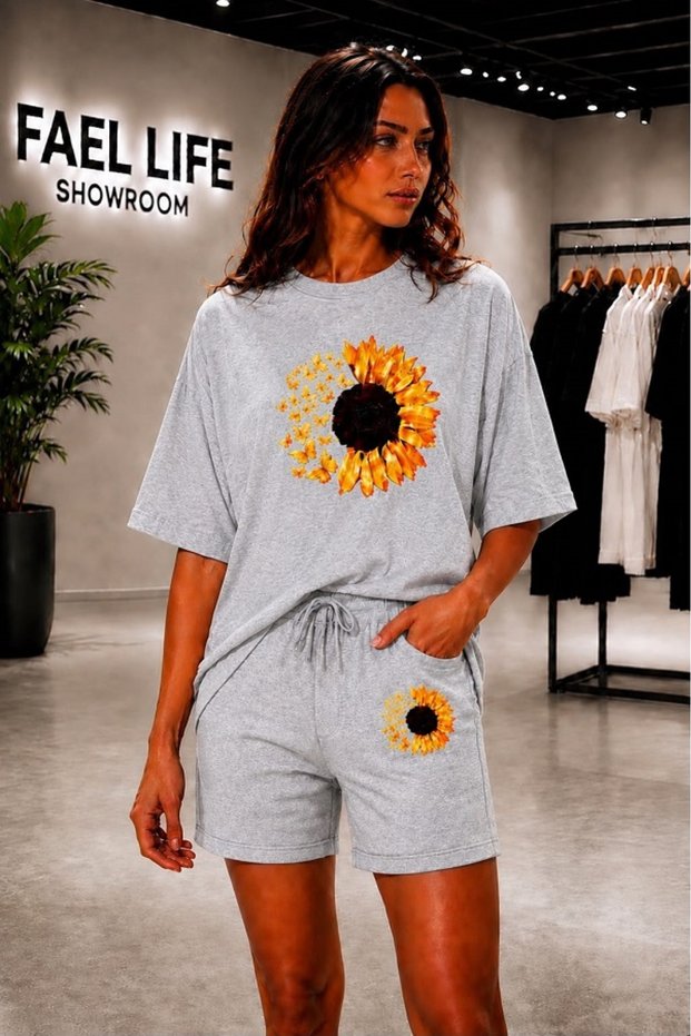 Unisex Wide-Fit T-Shirt and Shorts Set with Sunflower Print