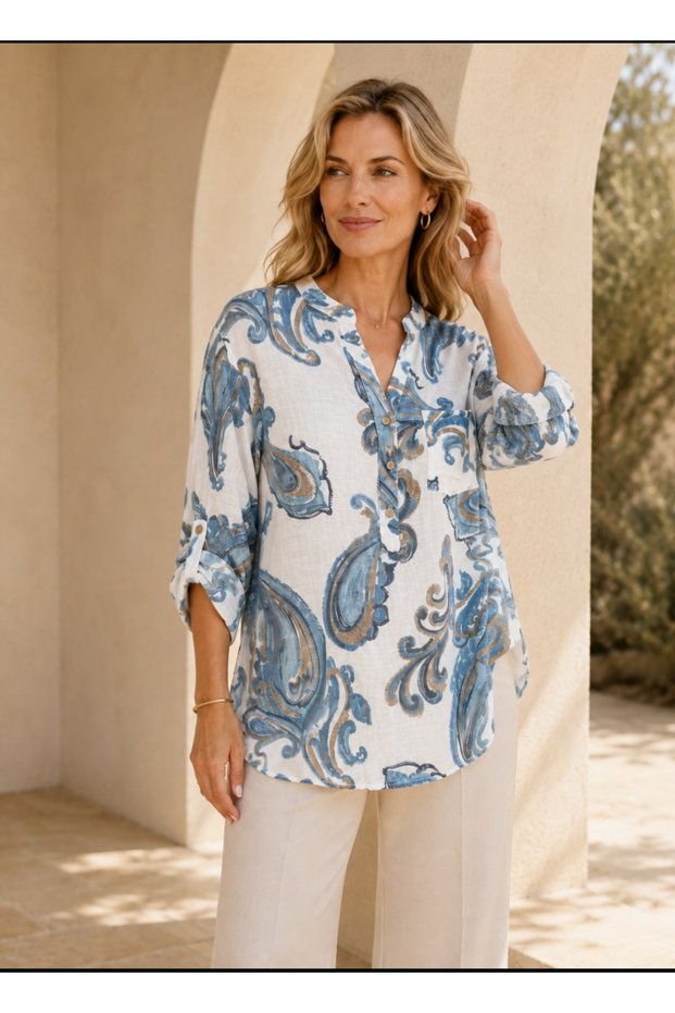 Original Italian Cotton Shawl Pattern Long Sleeve Women's Blouse 44-48 Plus Size