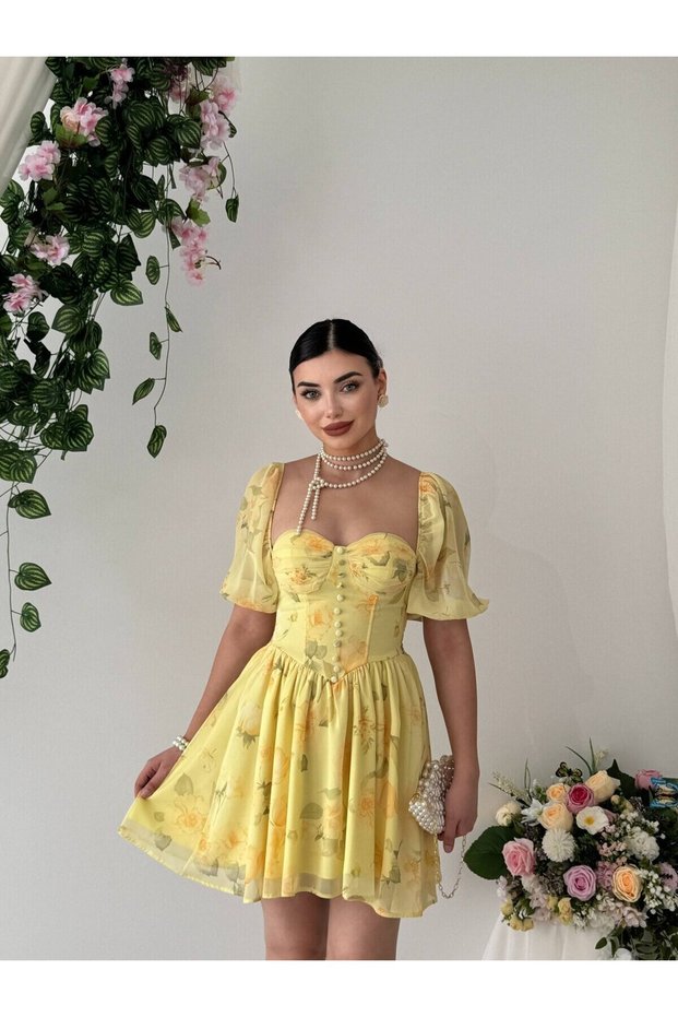 Women Sari Mini Dress Floral Print Chiffon Sweetheart Neckline Balloon Sleeves Buttoned