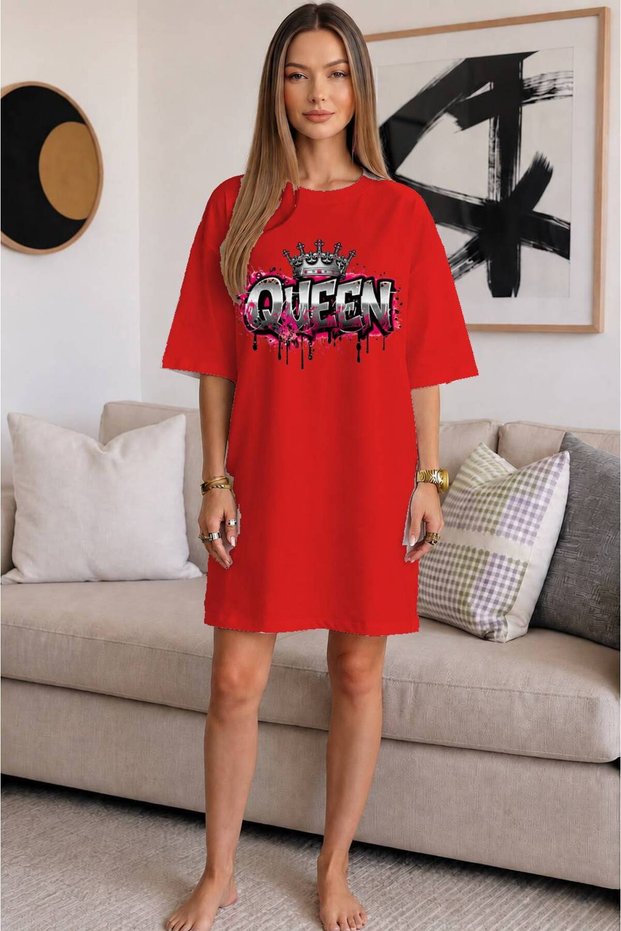Crew Neck Crown Detail "Queen" Written Extra Long Oversize Tunic T-Shirt Short Sleeve