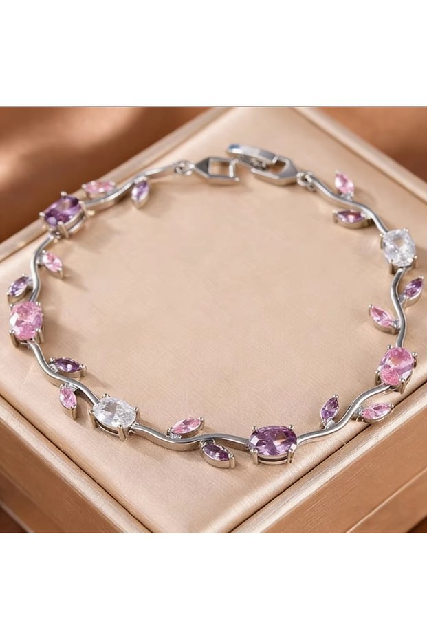Bracelet Pink-Purple-White Crystal Stone Tiny Leaf Detail Silver Color Steel Bracelet