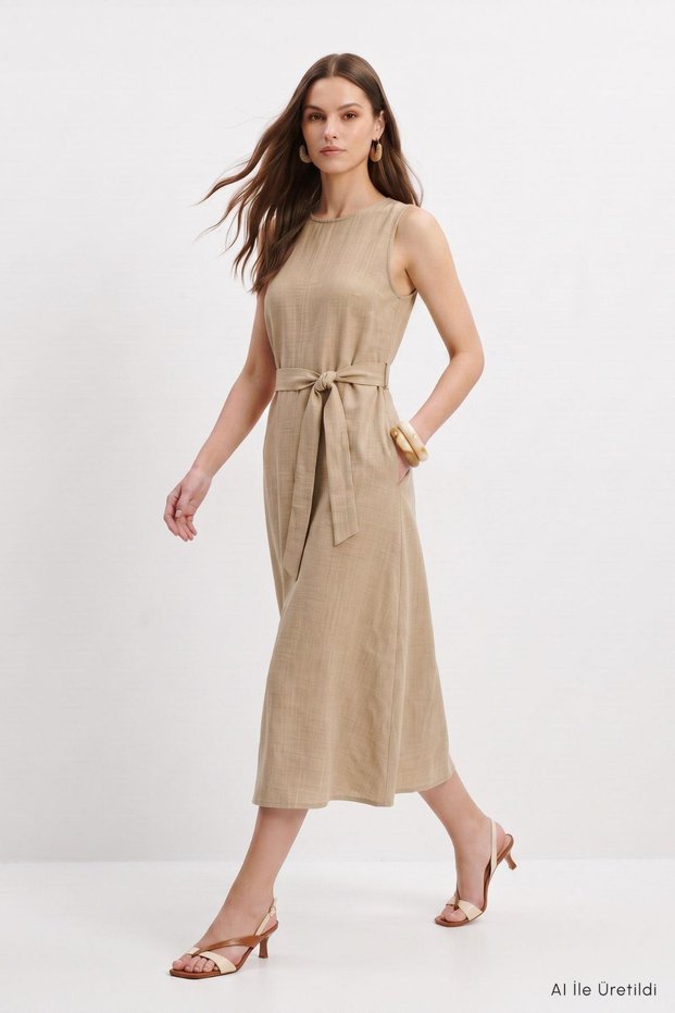 Crew Neck Waist Tie Dress 8662A Mink