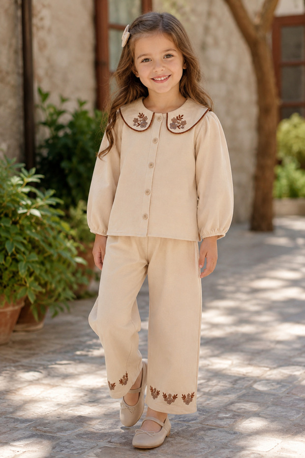 Floral Embroidered Collar Detailed Girls' Set