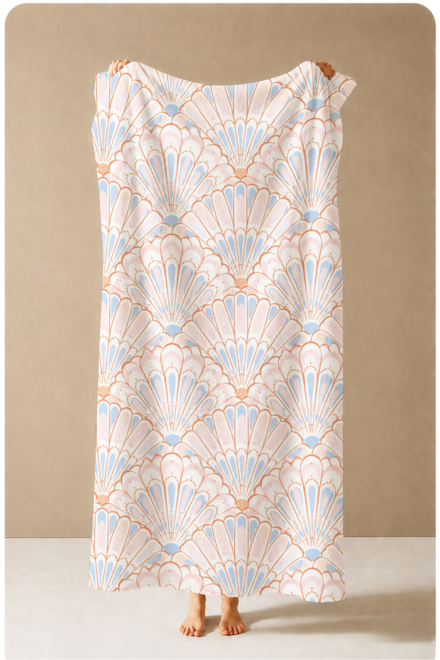 Pastel Sea Shell Fan Patterned 70X150 Beach Towel - Digital Printed Fade-Resistant Bath Towel