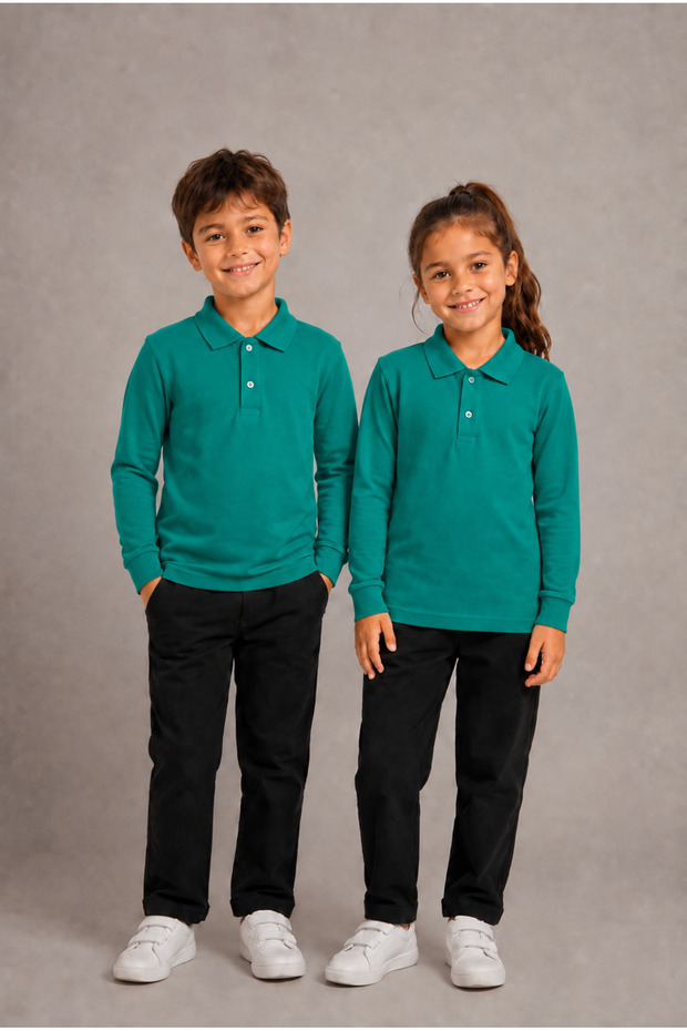 Unisex Kids' Gray Melange Long Sleeve Polo Collar Plain Basic T-Shirt - Comfortable Cotton Fabric Suitable for Daily and School Use