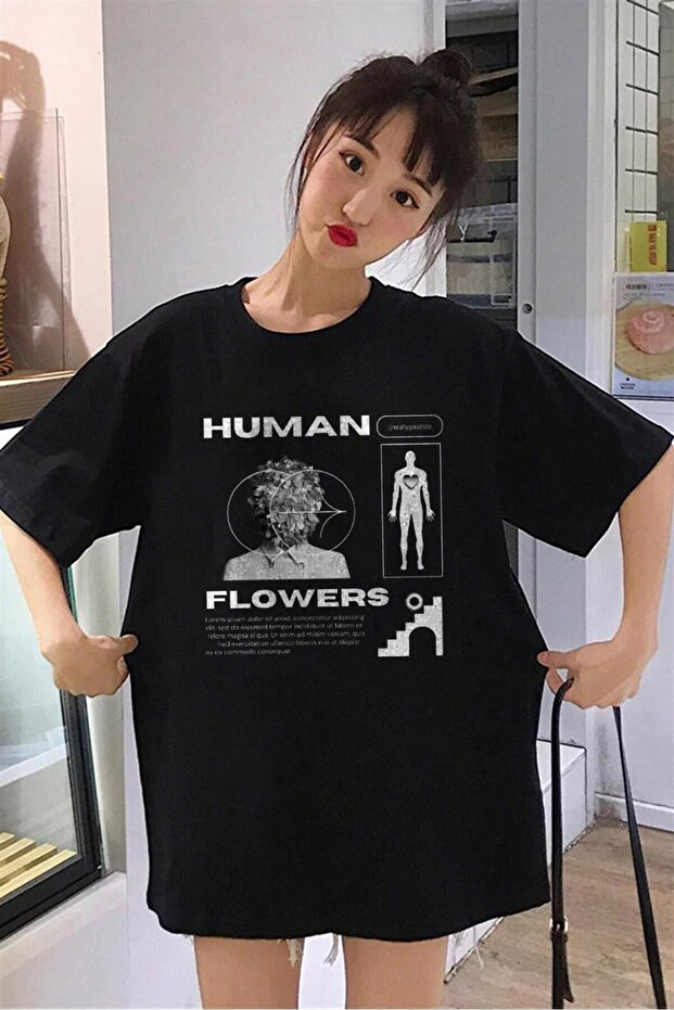 Mi̇ngalondon Human Flowers Black Unisex Oversize T-Shirt