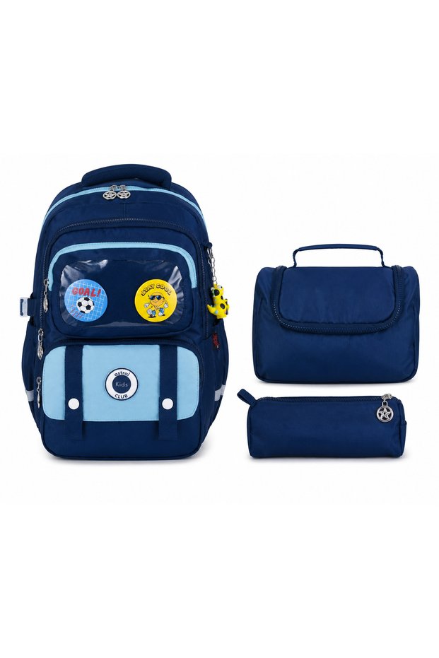 Korean Style'Stay Cool' Six-Compartment Orthopedic Bag with Lid, Badge, Accessories, Pen Holder, and Thermos Lunchbox 3-Piece School Bag Set