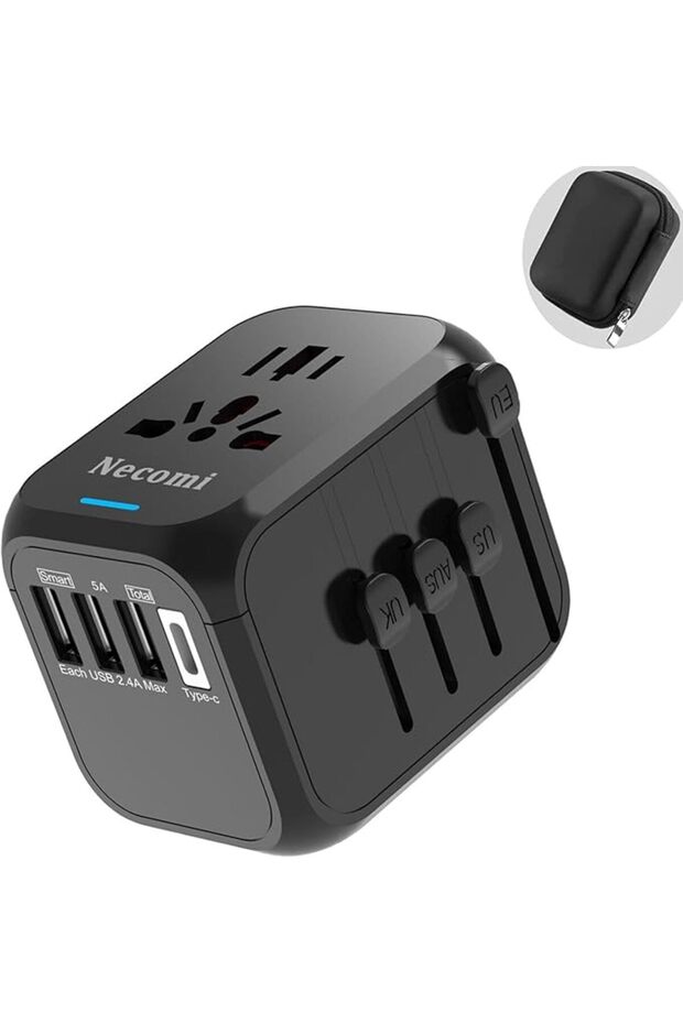 محول سفر عالمي من نيكومي، 45 واط PD، 4 منافذ USB-A و1 منفذ USB-C، مآخذ تيار متردد متعددة، محول لـ 20 دولة