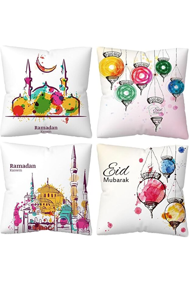 أغطية وسائد، 4 قطع أغطية وسائد رمضان، أغطية وسائد عيد مبارك بنمط القمر والنجوم