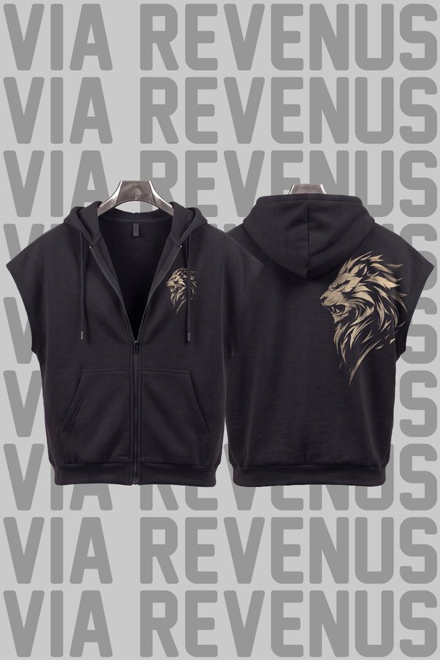 Lion Printed Sleeveless Zippered Hooded Sweatshirt Wide Fit 3 Thread Threaded Sports Vest