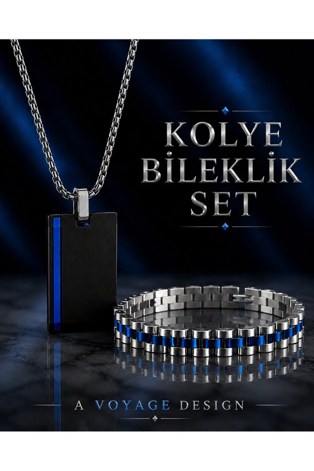 Stainless Steel Blue Color Detailed Men's Bracelet Necklace Set