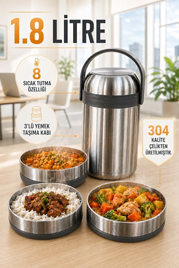 1.8 Liter 3-Piece Stainless Steel Leak-Proof Thermos Food Container / Lunch Box