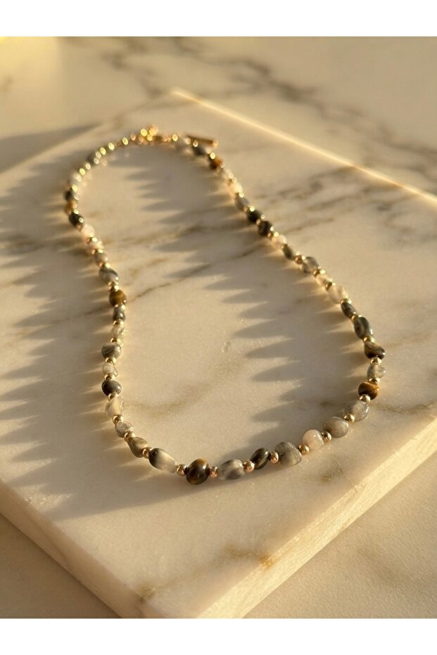 Natural Stone and Stainless Steel Combination Necklace with Hawk's Eye Stone