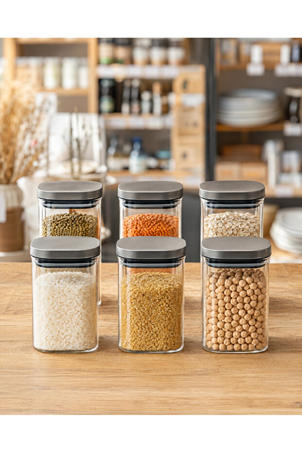 Set of 6 650 ml Square Borosilicate Glass Jars with Vacuum Steel Lids - 8471-2