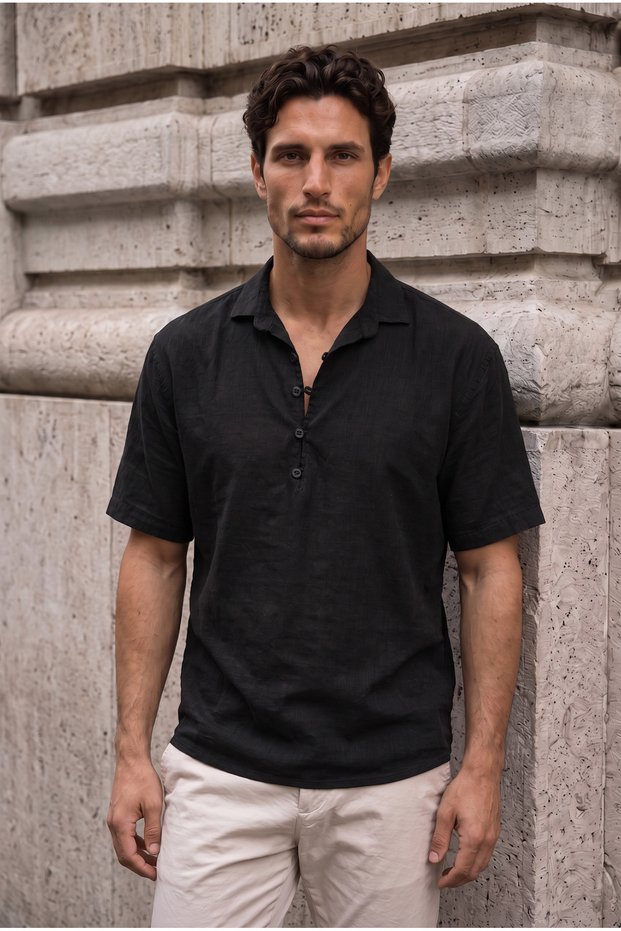 Como 100% Cotton Brit Detailed Short Sleeve Polo Collar Men's Shirt - Black