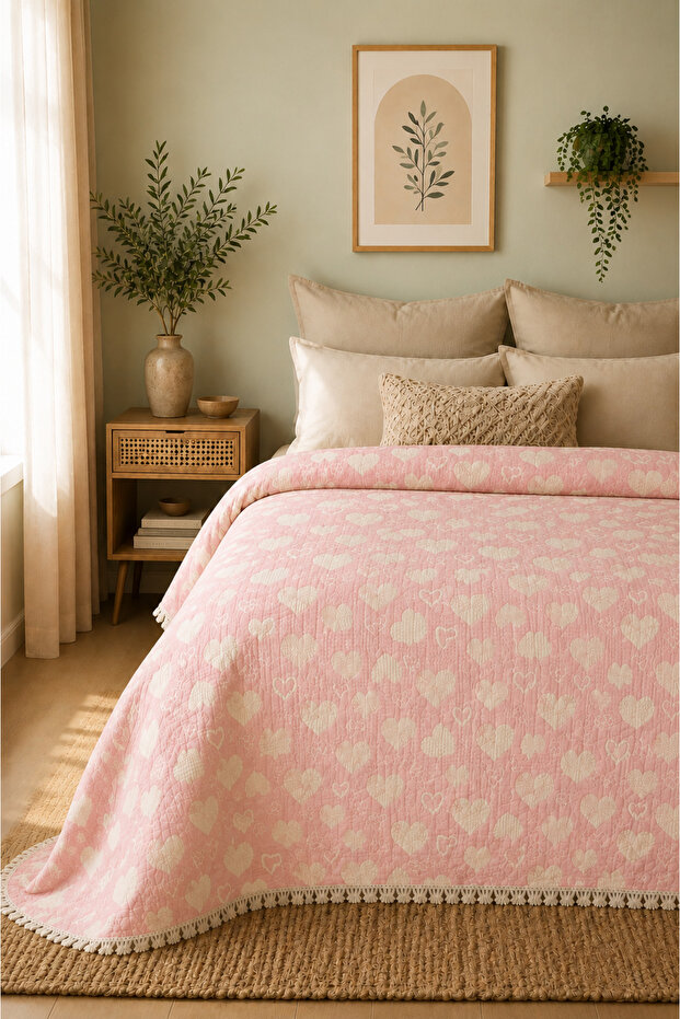Hearted Muslin Bedspread 100% Cotton 240X260 - Pique - 7 Layers Filled