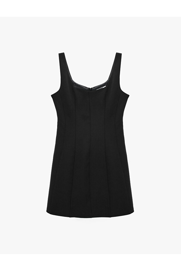 Regular Fit Stitching Detailed A-Line Square Neck Sleeveless Mini Dress
