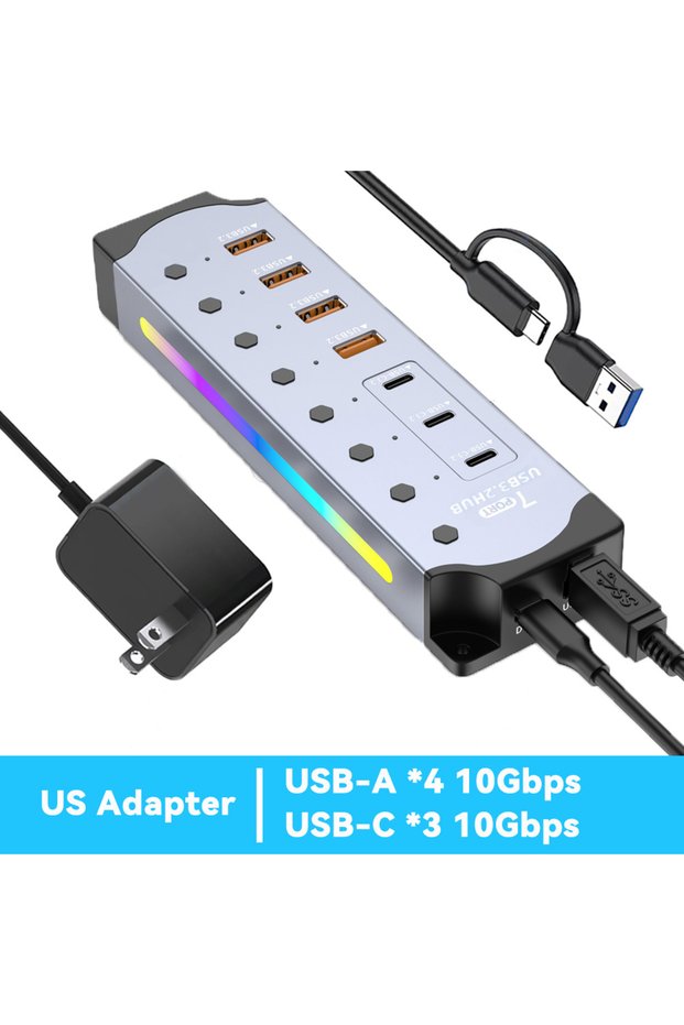 US Plug Adapter Aluminum Powered USB Hub 10Gbps USB-A USB-C 3.2 7Ports USB C Hub Individual On/Off S