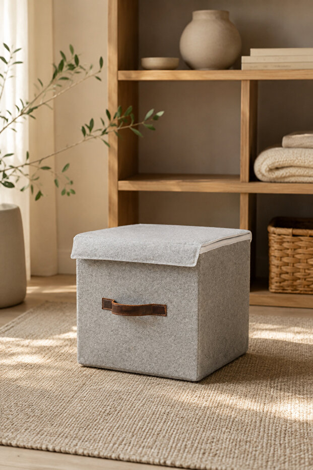 Gray Felt Lid Cube Box 25 X 25 X 25 cm – Leather Handle, Foldable, Multi-Purpose Storage and Organizer Box