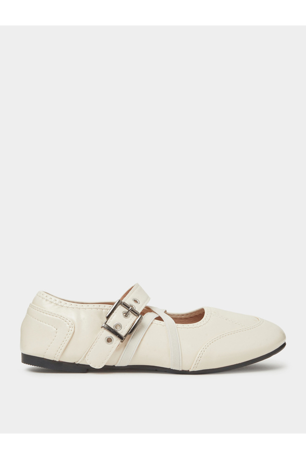 Beige Criss-Cross Straps Buckled Flat Ballerina