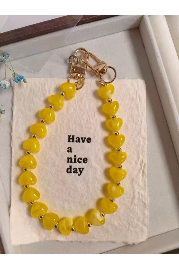 Acrylic Yellow / Gold Fashion Colorful Heart Beaded Phone Chain, Handmade Acrylic Bag Charm, Valenti