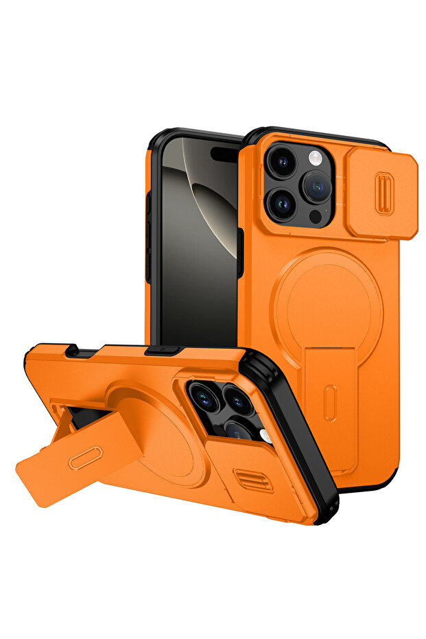 iPhone17 Pro Max Orange Shockproof Armor Bracket Magnetic Case for iPhone 17 16 E 15 14 13 11 12 Pro
