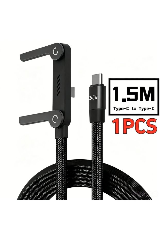 black 1.5m 1pcs 2-in-1 240w Built In Phone Stand Charging Cable USB C To USB C Quick Charge Data Wir