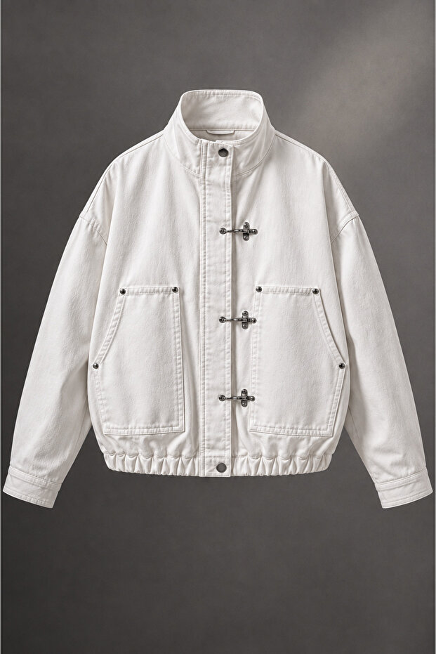 Women's Japanese Jacket Zr New Season Metal Decorated Buttoned Oversize Relaxed Fit Bomber Jacket