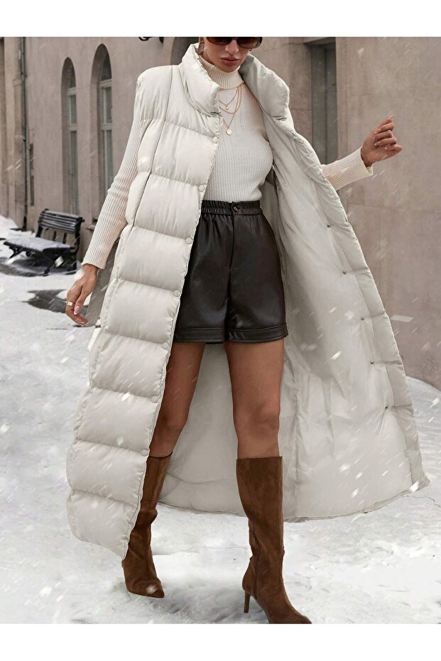 Women's Ecru Stand-Up Collar Double-Pocketed Belted Long Puffer Vest