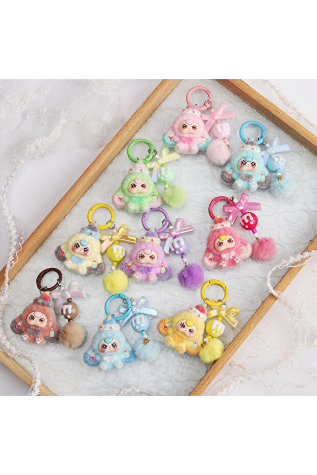 9pcs mixed 9pcs Keychain Flocked Cartoon Cake Hat Plush Doll Cute Mini Toy Bag Charm Key Ring Fluffy