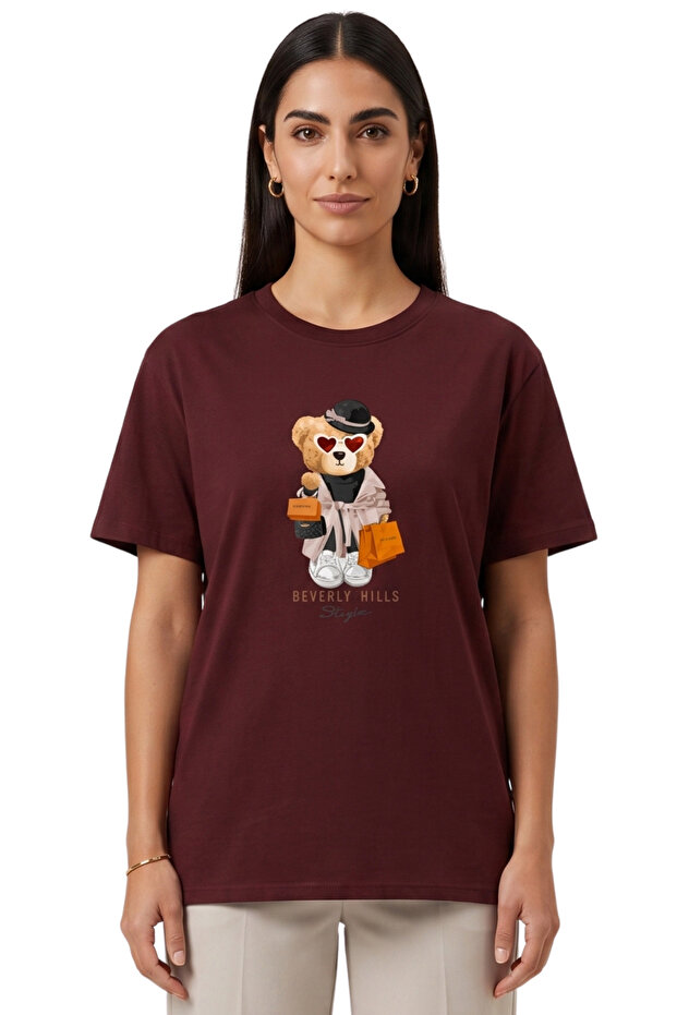Women's Burgundy Beverly Hills Teddy Bear Printed T-Shirt Comfortable Fit 100% Cotton