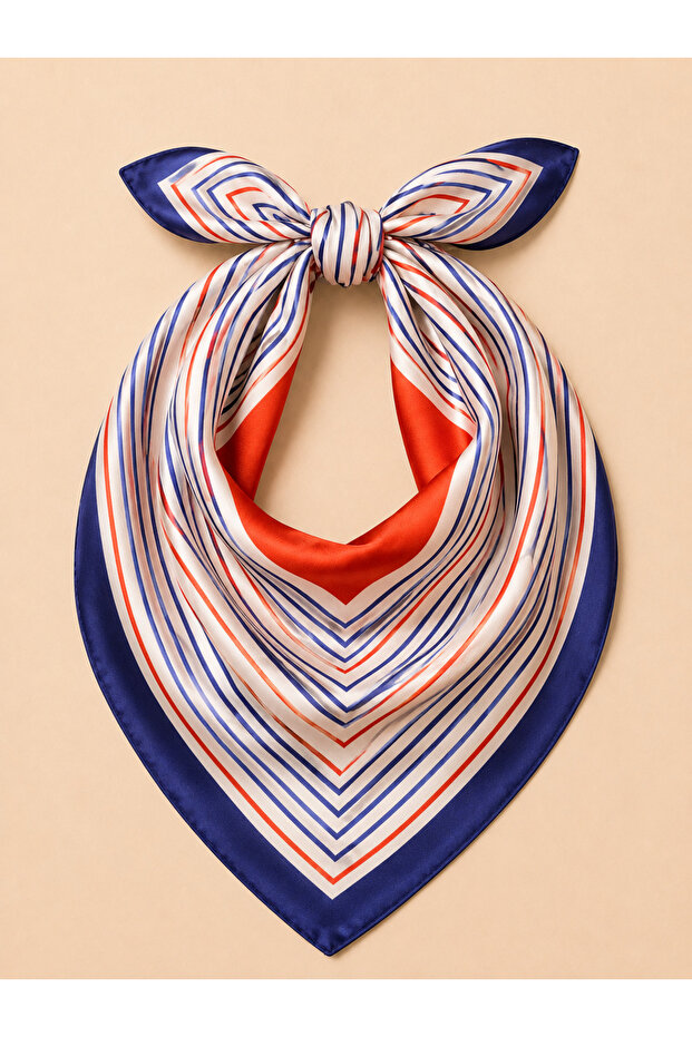 Women's Geometric Striped Patterned 50X50 cm Satin Scarf, Cobalt Blue Edged Silky Textured Square Neck Hair and Bag Accessory