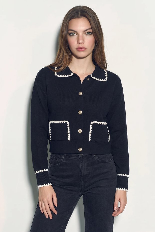 Women's Polo Collar Pocket Detailed Shepherd Stitched Knitwear Black Cardigan