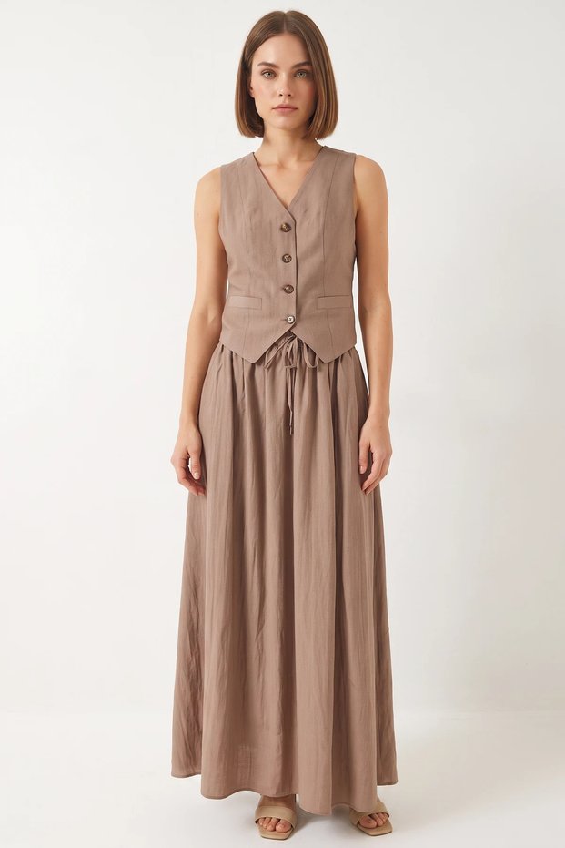 Women's Vest and Pocket Detailed Flared Skirt Mink Suit