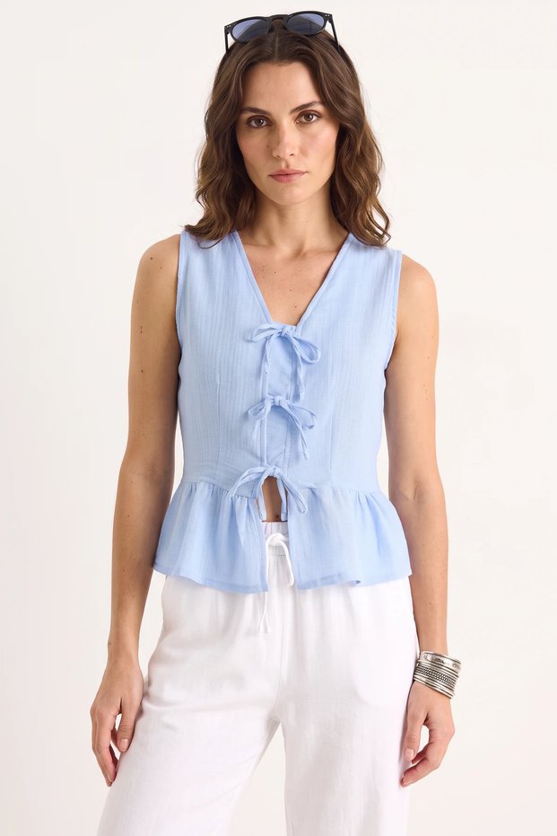 Women's V-Neck Bow Detailed Peplum Muslin Baby Blue Blouse