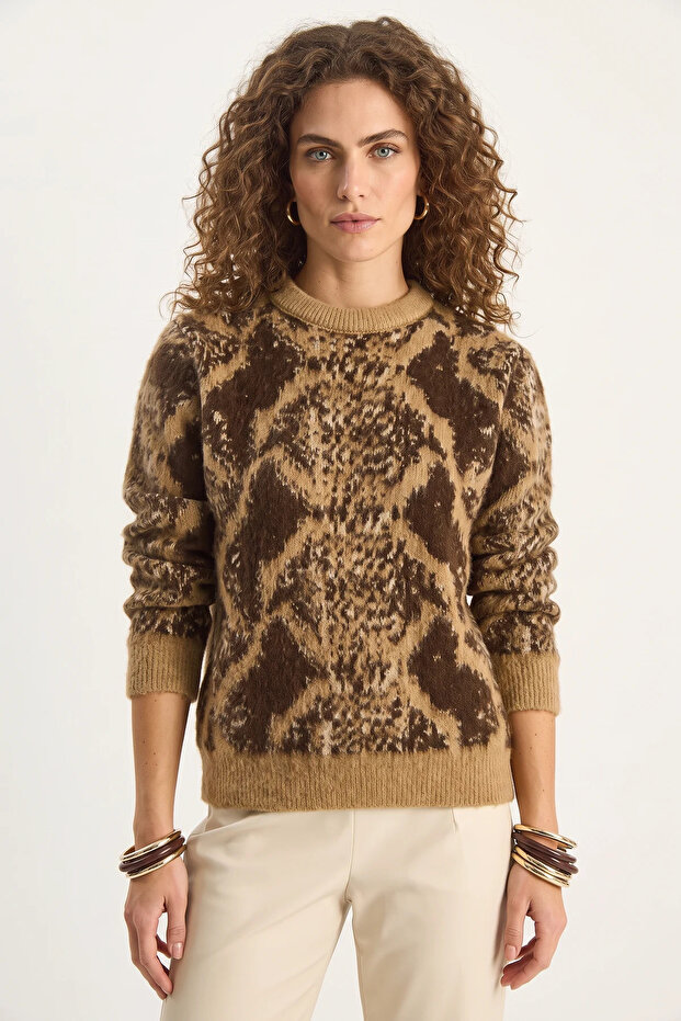 Women's Patterned Crew Neck Ribbed Knitwear Biscuit Sweater