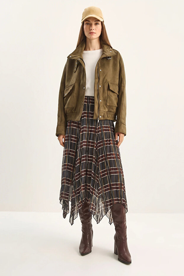 Women's Plaid Patterned Wrinkled Effect Lined Midi Chiffon Skirt De Khaki