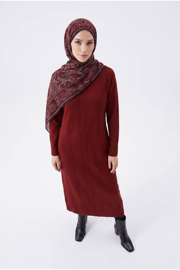 Trendy Stripe Detailed Raglan Sleeve Full Fit Cold Yarn Full Length Knitwear Dress-130 cm