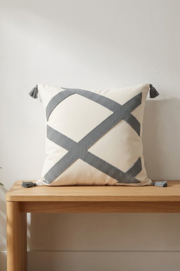 Colorful Geometric Cross Line Pattern Embossed Punch Embroidered Tasseled Cotton Decorative Throw Pillow Cover 42X42 cm
