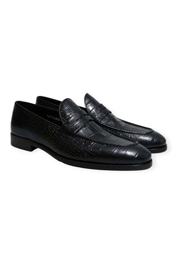Black Color Laceless Genuine Leather Men's Shoes